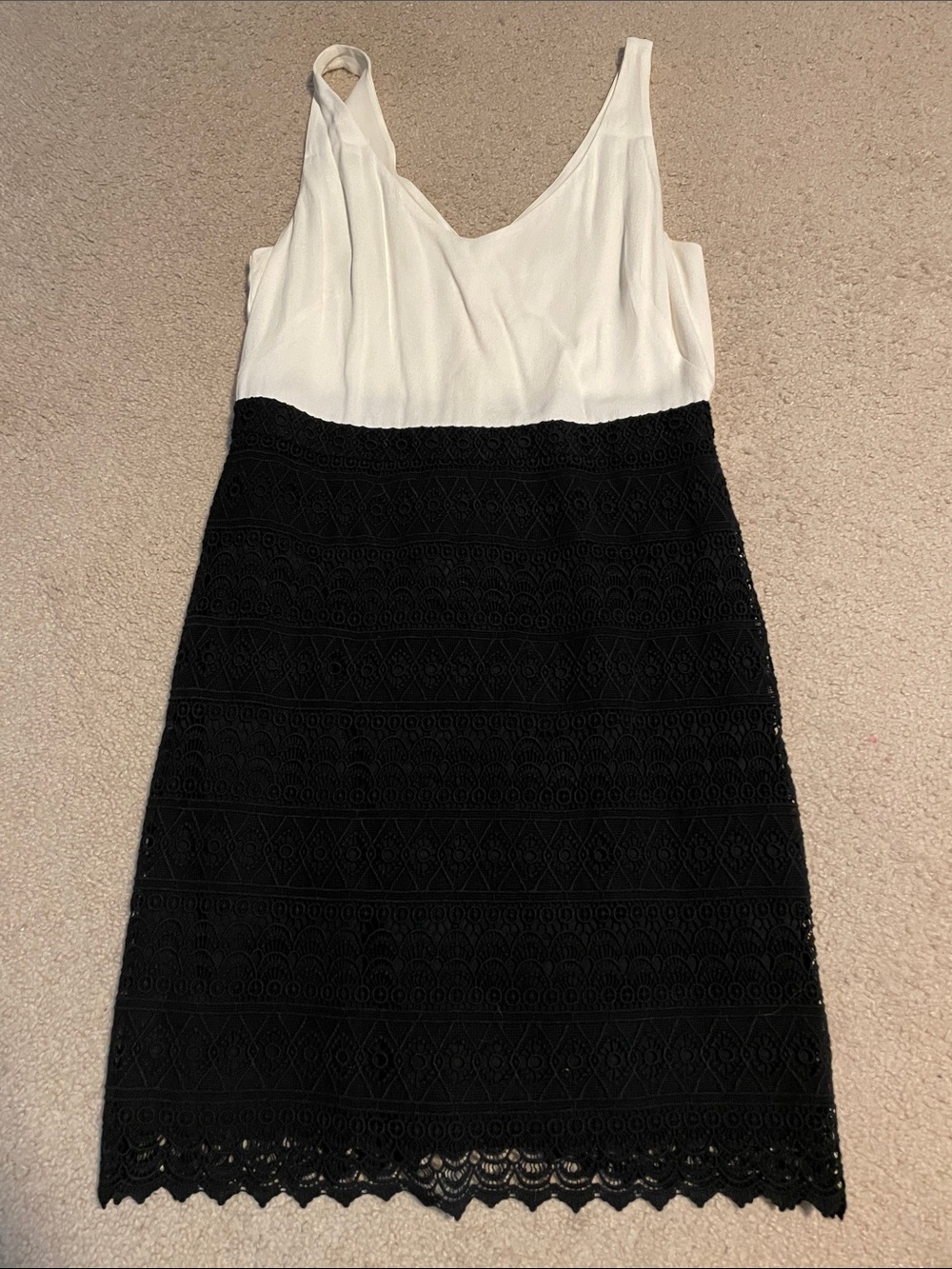 LOFT Black Lace Overlay & White V-Neck Midi Dress